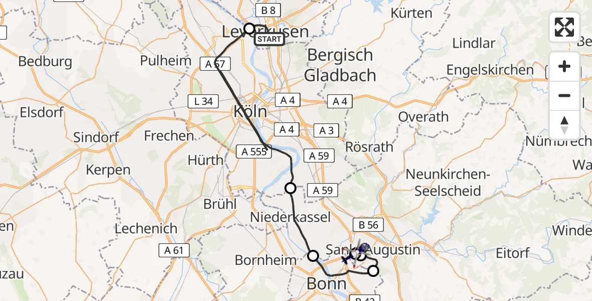 Flugroute Polizeihubschrauber Leverkusen - Sankt Augustin, 11 Mai 2026, 09:12