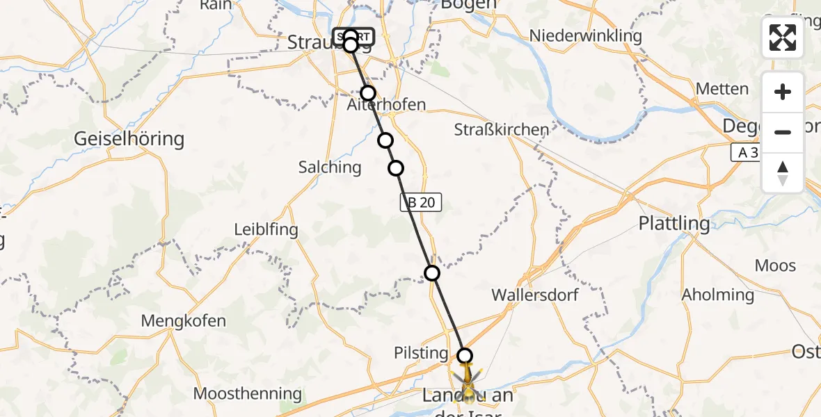 Flugroute Rettungshubschrauber Sankt Elisabeth Hospital Straubing - Landau a.d.Isar, 11 Mai 2026, 09:15