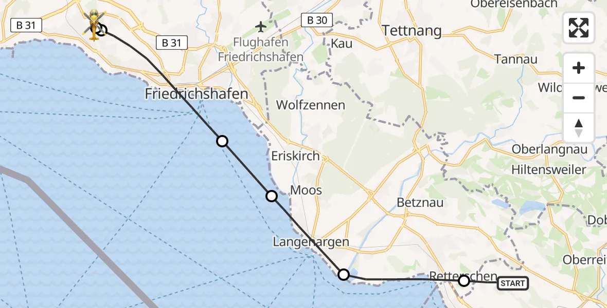 Flugroute Rettungshubschrauber Wasserburg (Bodensee) - Friedrichshafen Hospital, 11 Mai 2026, 09:23