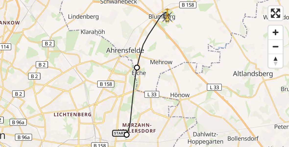 Flugroute Ambulanzhubschrauber Berlin Emergency Hospital - Ahrensfelde, 11 Mai 2026, 09:23