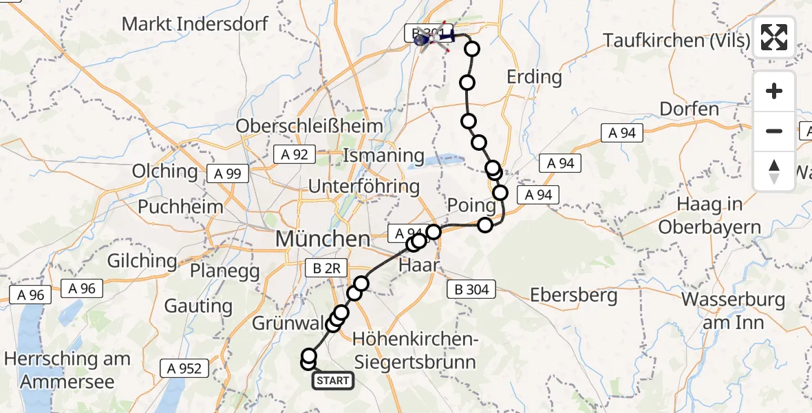 Flugroute Polizeihubschrauber Oberhaching - München Flughafen, 11 Mai 2026, 09:24