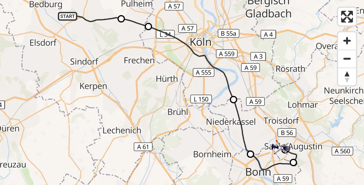 Flugroute Polizeihubschrauber Bergheim - Sankt Augustin, 11 Mai 2026, 09:24