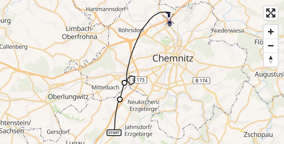 Flugroute Polizeihubschrauber Jahnsdorf/Erzgeb. - Chemnitz, 11 Mai 2026, 09:24