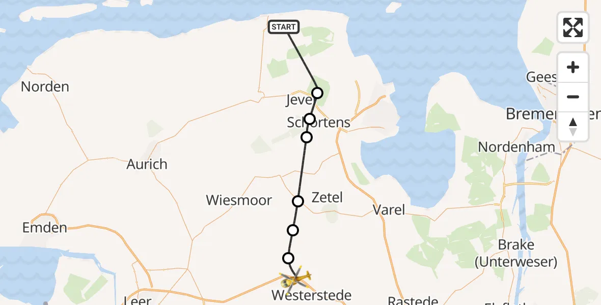Flugroute Rettungshubschrauber Wangerland - Westerstede, 11 Mai 2026, 09:26