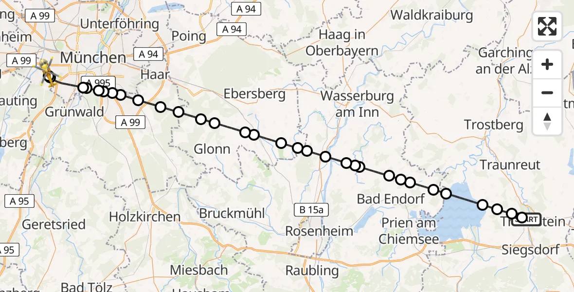 Flugroute Rettungshubschrauber Traunstein Hospital - DRF Air Rescue München Hubschrauberlandeplatz, 11 Mai 2026, 09:30