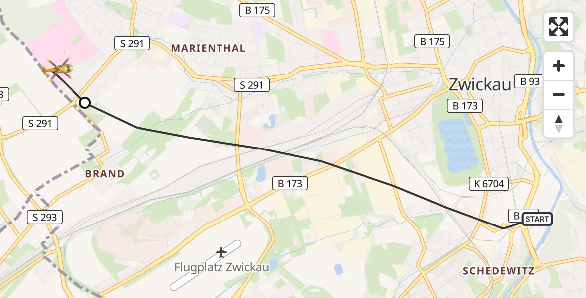 Flugroute Rettungshubschrauber Zwickau - ADAC Air Rescue Station Zwickau Hubschrauberlandeplatz, 11 Mai 2026, 09:31