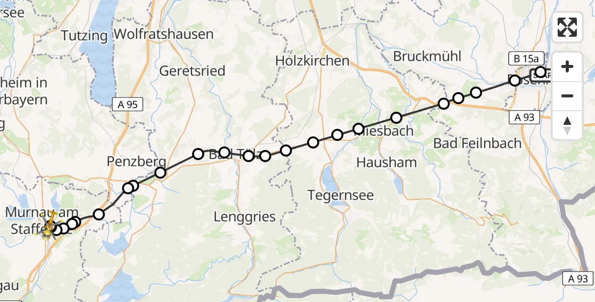 Flugroute Rettungshubschrauber RoMed Hospital Rosenheim - Murnau Accident Hospital, 11 Mai 2026, 09:33