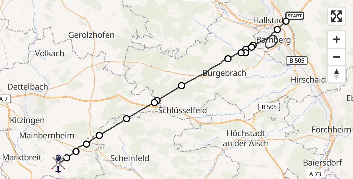 Flugroute Polizeihubschrauber Memmelsdorf - Willanzheim, 11 Mai 2026, 09:35