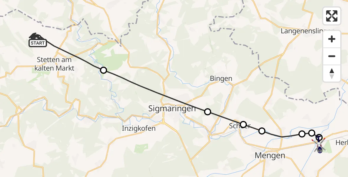 Flugroute Polizeihubschrauber Stetten am kalten Markt - Mengen-Hohentengen Flugplatz, 11 Mai 2026, 09:39