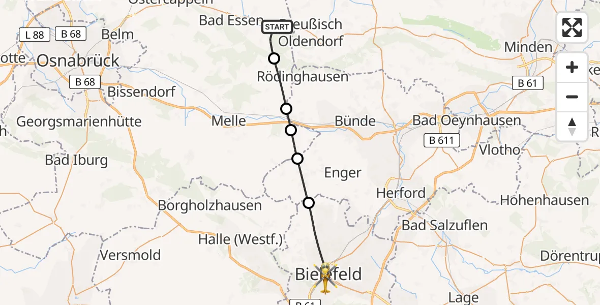 Flugroute Rettungshubschrauber Bad Essen - Bielefeld, 11 Mai 2026, 09:49