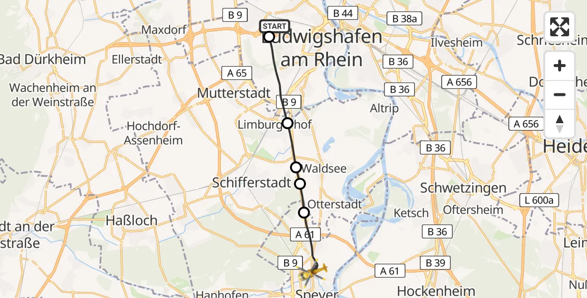 Flugroute Rettungshubschrauber Ludwigshafen Accident Hospital - Speyer, 11 Mai 2026, 09:50