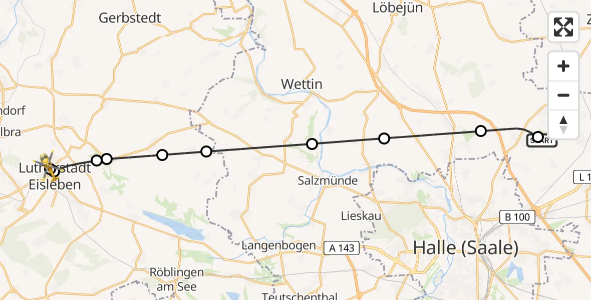Flugroute Rettungshubschrauber Halle-Oppin Flugplatz - Helios Hospital Lutherstadt Eisleben, 11 Mai 2026, 09:53
