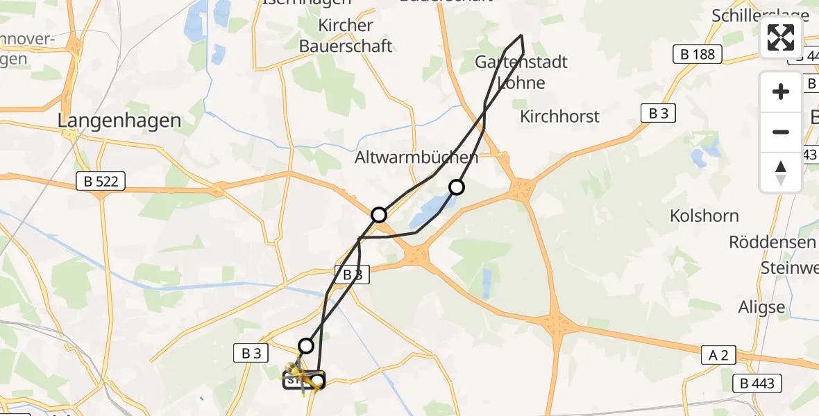 Flugroute Rettungshubschrauber Hannover Luftrettung Hubschrauberlandeplatz (Christoph 4) - Hannover Luftrettung Hubschrauberlandeplatz (Christoph 4), 11 Mai 2026, 09:54