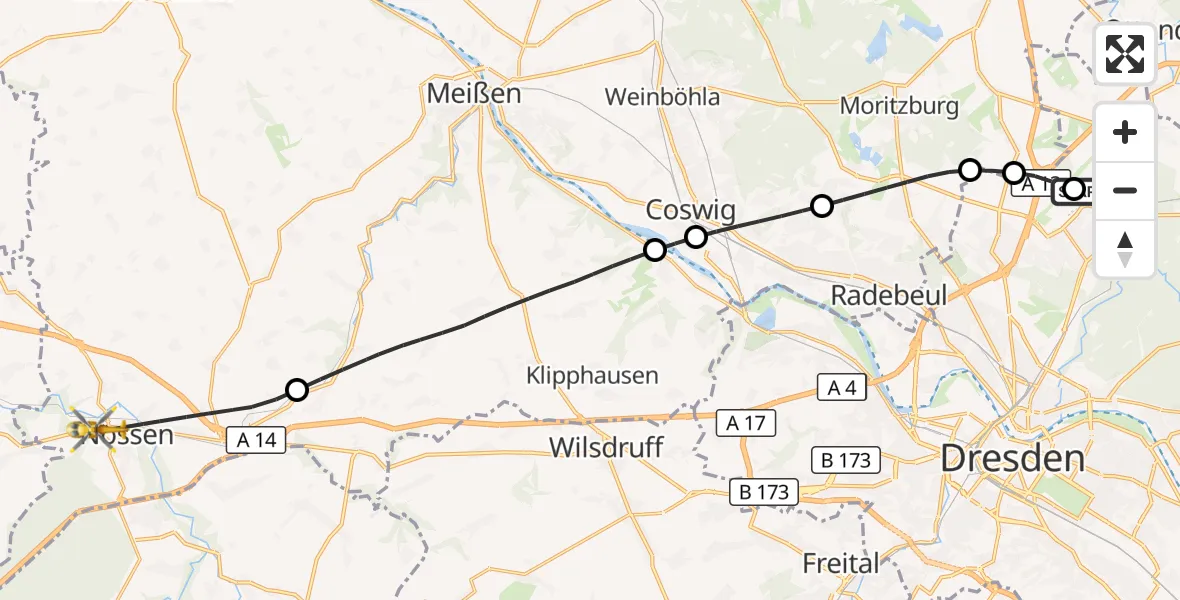 Flugroute Rettungshubschrauber Dresden Bundespolizei Hubschrauberlandeplatz - Nossen, 11 Mai 2026, 09:54