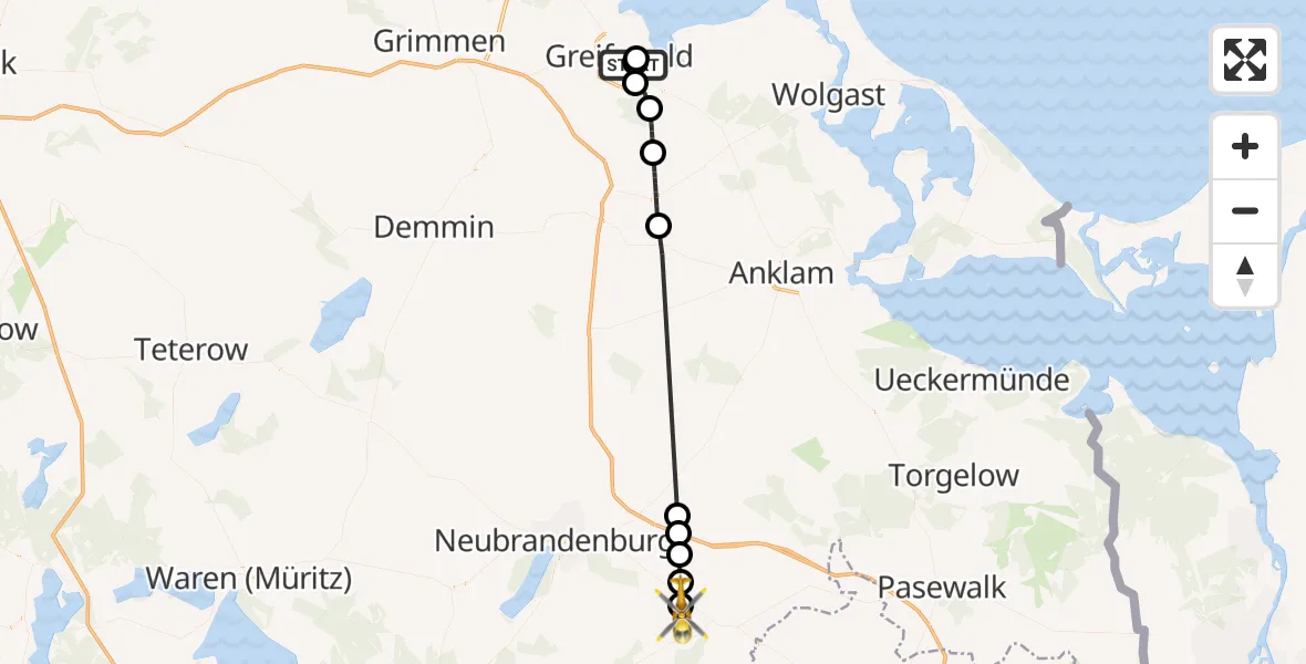 Flugroute Rettungshubschrauber Greifswald Hospital - Woldegk, 11 Mai 2026, 09:59