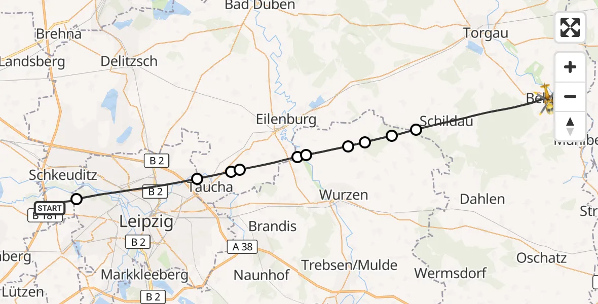 Flugroute Rettungshubschrauber Schkeuditz - Belgern-Schildau, 11 Mai 2026, 09:59