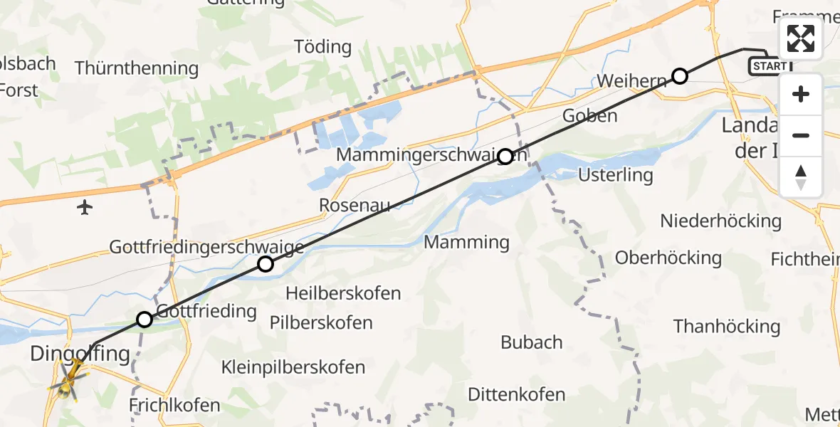 Flugroute Rettungshubschrauber Landau a.d.Isar - Dingolfing, 11 Mai 2026, 10:01