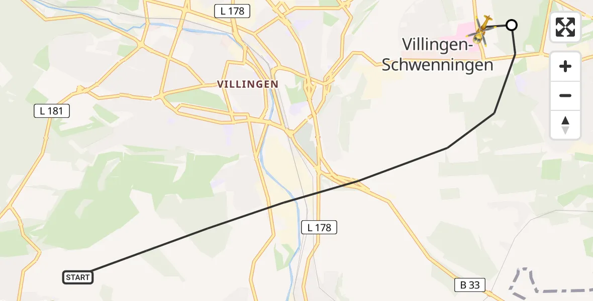 Flugroute Rettungshubschrauber Villingen-Schwenningen - DRF Air Rescue Station Villingen-Schwenningen Hubschrauberlandeplatz (Christoph 11), 11 Mai 2026, 10:06