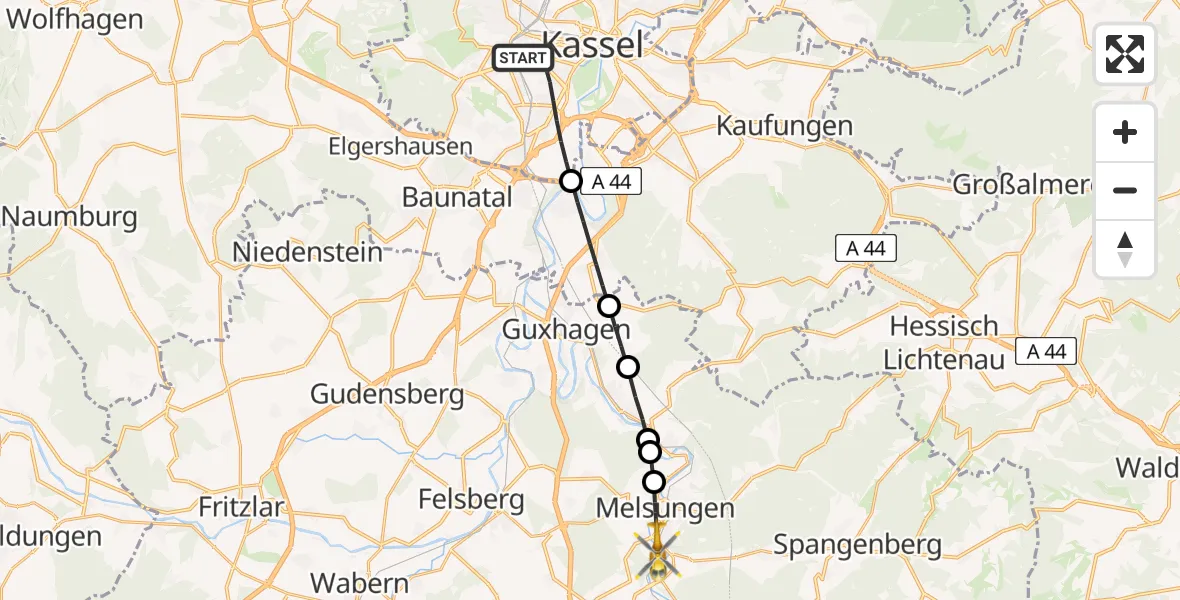 Flugroute Rettungshubschrauber Kassel - Melsungen, 11 Mai 2026, 10:06