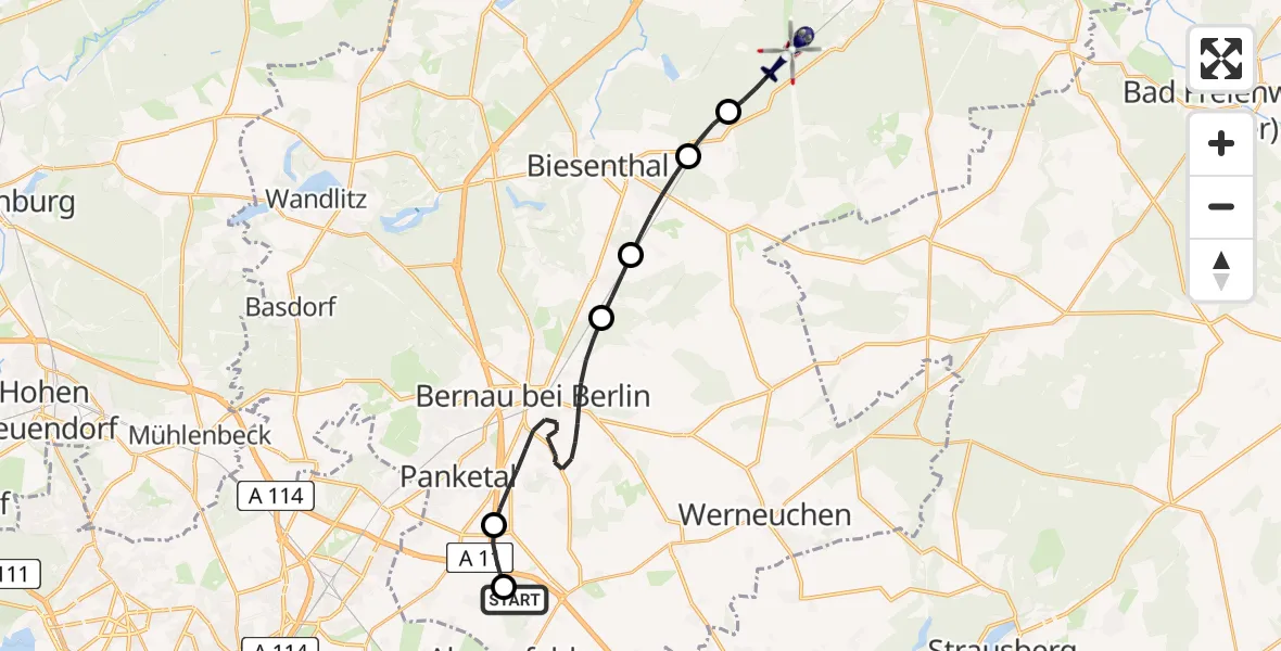 Flugroute Polizeihubschrauber Ahrensfelde Hubschrauberlandeplatz - Eberswalde, 11 Mai 2026, 10:11