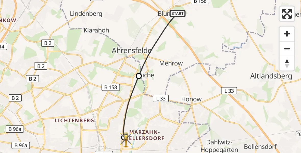 Flugroute Ambulanzhubschrauber Ahrensfelde - Berlin Emergency Hospital, 11 Mai 2026, 10:12
