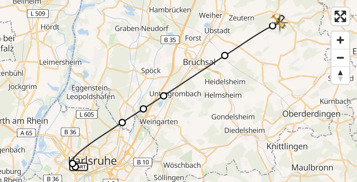 Flugroute Rettungshubschrauber Sankt Vincentius Hospital - Östringen, 11 Mai 2026, 10:19