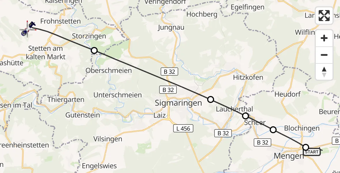 Flugroute Polizeihubschrauber Mengen-Hohentengen Flugplatz - Stetten am kalten Markt, 11 Mai 2026, 10:26