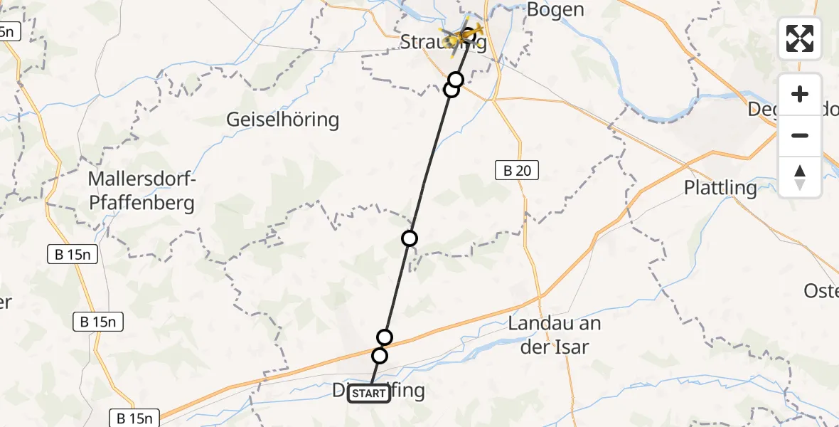 Flugroute Rettungshubschrauber Dingolfing - Sankt Elisabeth Hospital Straubing, 11 Mai 2026, 10:27