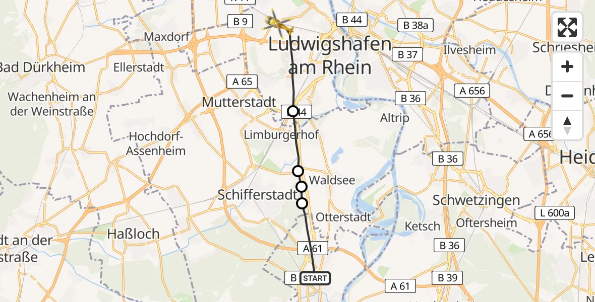 Flugroute Rettungshubschrauber Speyer - Ludwigshafen Accident Hospital Hubschrauberlandeplatz, 11 Mai 2026, 10:28
