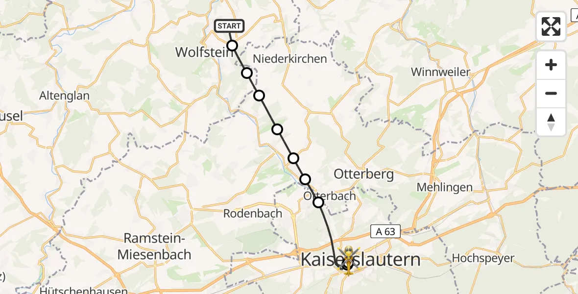 Flugroute Rettungshubschrauber Einöllen - Westpfalz Hospital Kaiserslautern, 11 Mai 2026, 10:33