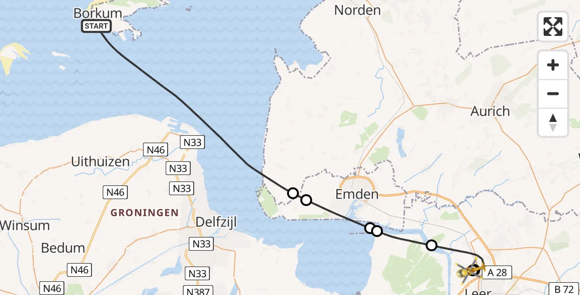 Flugroute Ambulanzhubschrauber Noordzee - Flugplatz Leer-Papenburg, 11 Mai 2026, 10:36