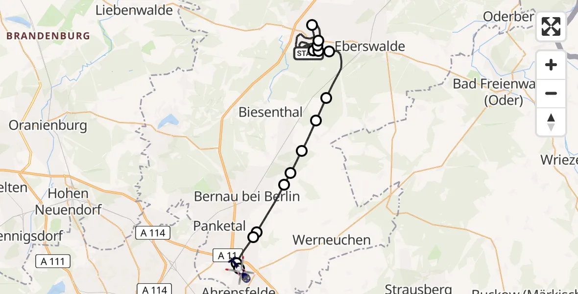 Flugroute Polizeihubschrauber Schorfheide - Ahrensfelde Hubschrauberlandeplatz, 11 Mai 2026, 10:38
