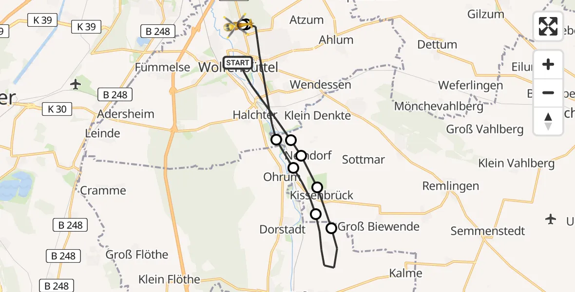 Flugroute Rettungshubschrauber Wolfenbüttel - Wolfenbüttel Municipal Hospital Heliport (Christoph 30), 11 Mai 2026, 10:39