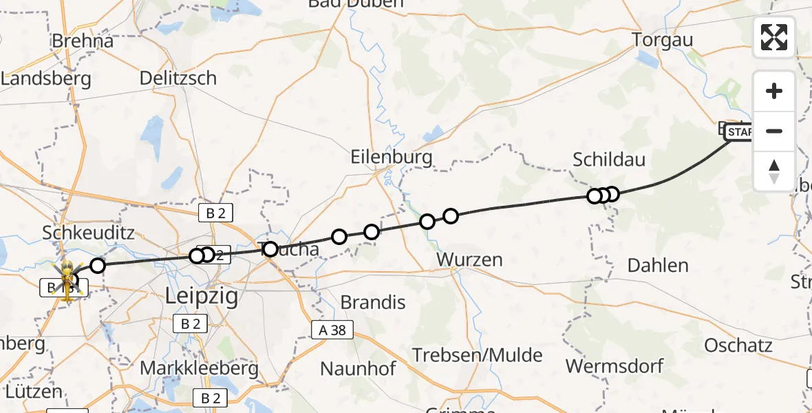 Flugroute Rettungshubschrauber Belgern-Schildau - ADAC Air Rescue Station Leipzig/Schkeuditz-Dölzig Hubschrauberlandeplatz (Christoph 61), 11 Mai 2026, 10:40