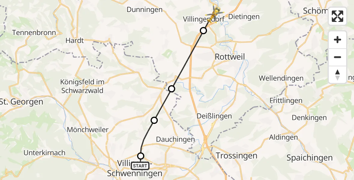 Flugroute Rettungshubschrauber DRF Air Rescue Station Villingen-Schwenningen Hubschrauberlandeplatz (Christoph 11) - Villingendorf, 11 Mai 2026, 10:43