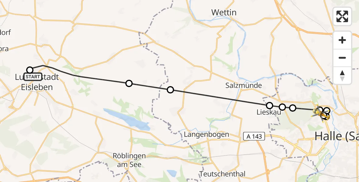 Flugroute Rettungshubschrauber Helios Hospital Lutherstadt Eisleben - Halle (Saale) University Hospital, 11 Mai 2026, 10:46