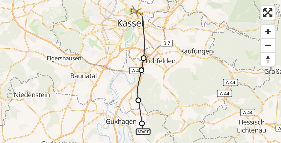 Flugroute Rettungshubschrauber Körle - Kassel, 11 Mai 2026, 10:50
