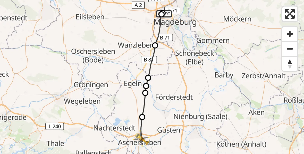 Flugroute Rettungshubschrauber Magdeburg Hospital - Aschersleben, 11 Mai 2026, 10:54