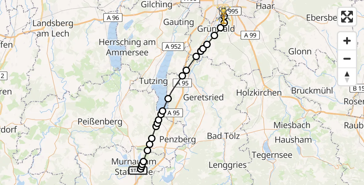 Flugroute Rettungshubschrauber Murnau Accident Hospital - ADAC Air Rescue Center Hubschrauberlandeplatz (Christoph 1), 11 Mai 2026, 10:57