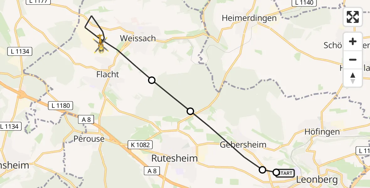 Flugroute Rettungshubschrauber Leonberg Hospital - Weissach, 11 Mai 2026, 10:58