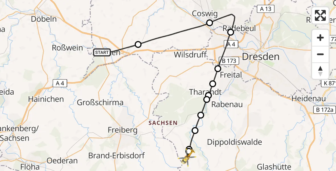 Flugroute Rettungshubschrauber Nossen - Klingenberg, 11 Mai 2026, 10:58