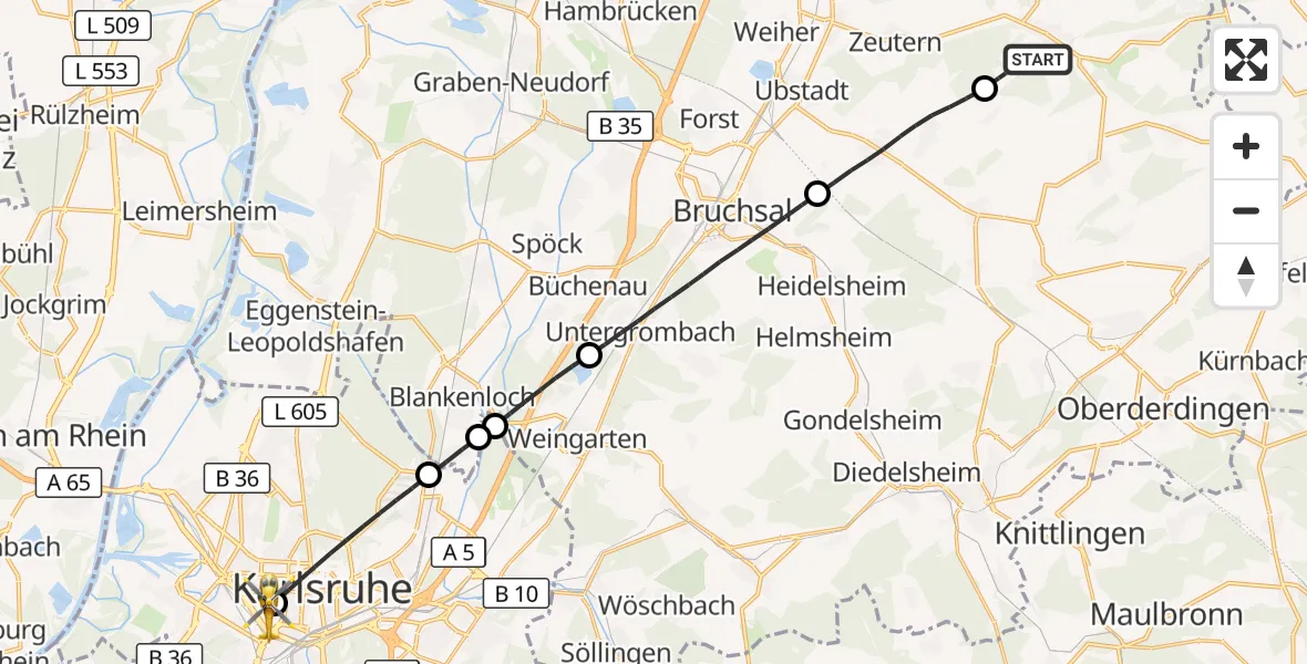 Flugroute Rettungshubschrauber Östringen - Sankt Vincentius Hospital, 11 Mai 2026, 11:07