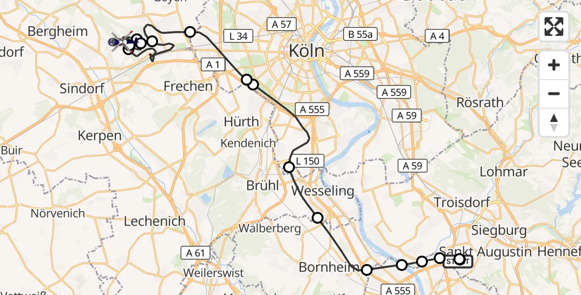 Flugroute Polizeihubschrauber Sankt Augustin - Bergheim, 11 Mai 2026, 11:07