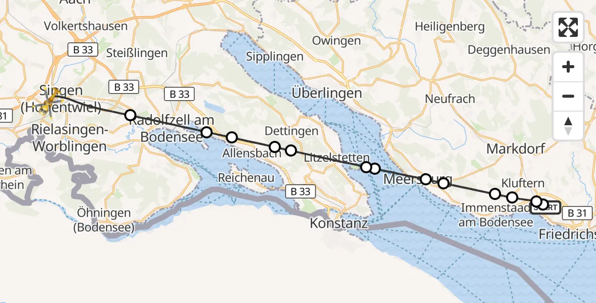 Flugroute Rettungshubschrauber Friedrichshafen Hospital - Singen (Hohentwiel), 11 Mai 2026, 11:17