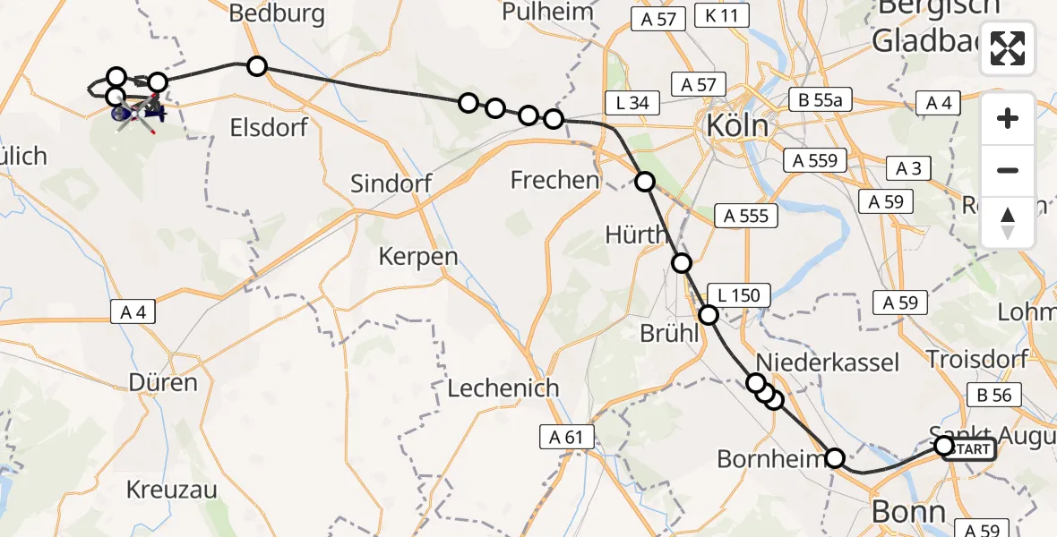 Flugroute Polizeihubschrauber Sankt Augustin - Titz, 11 Mai 2026, 11:25