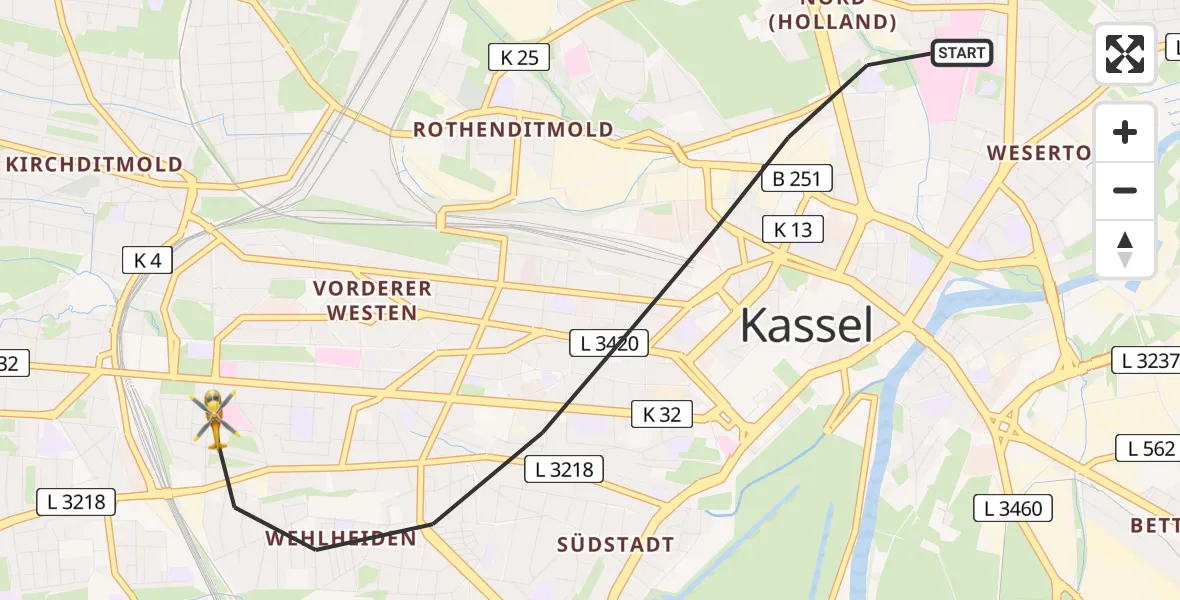 Flugroute Rettungshubschrauber Kassel - Kassel, 11 Mai 2026, 11:27
