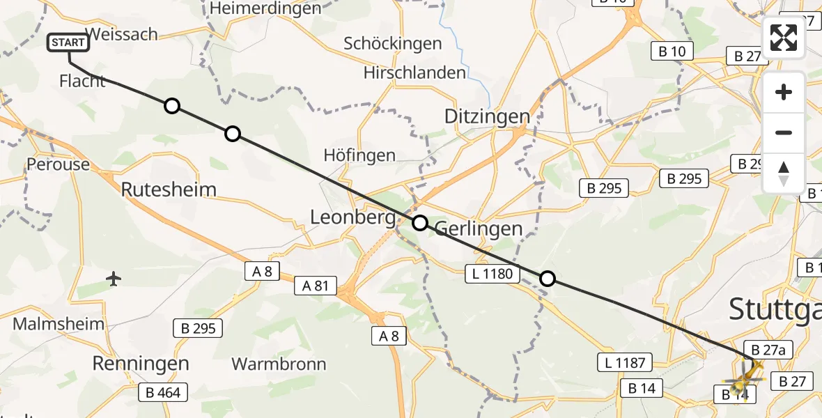Flugroute Rettungshubschrauber Weissach - Stuttgart, 11 Mai 2026, 11:33