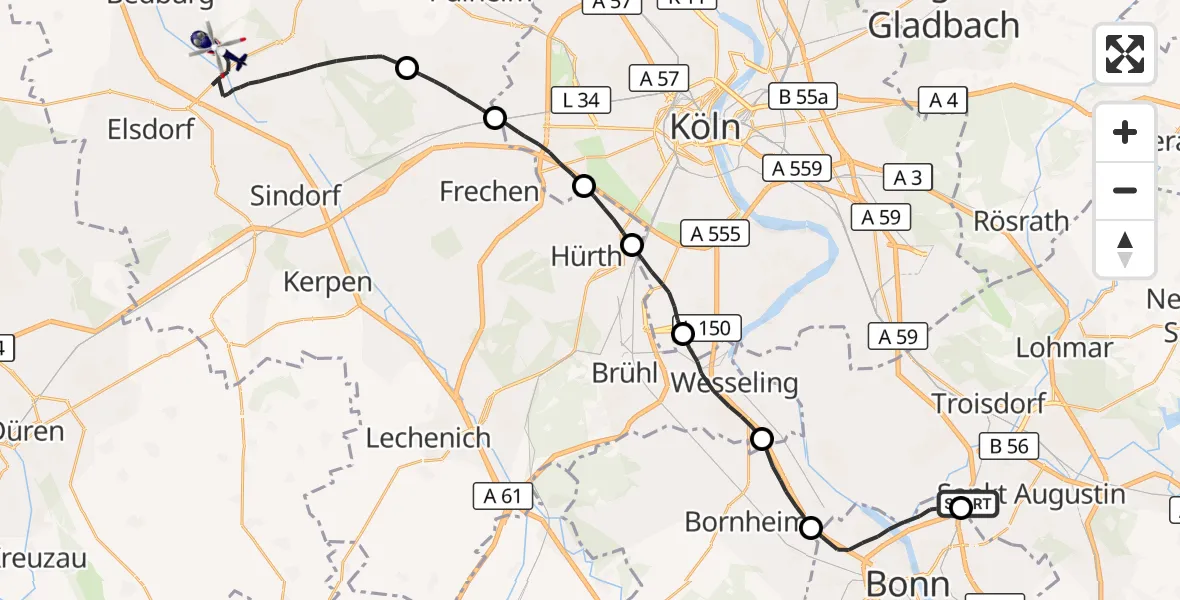 Flugroute Polizeihubschrauber Sankt Augustin - Bergheim, 11 Mai 2026, 11:40
