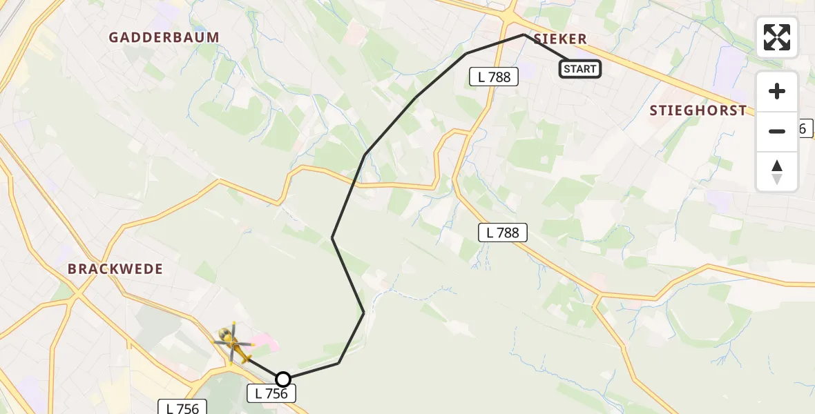 Flugroute Rettungshubschrauber Bielefeld - Luftrettungszentrum Bielefeld, 11 Mai 2026, 11:45