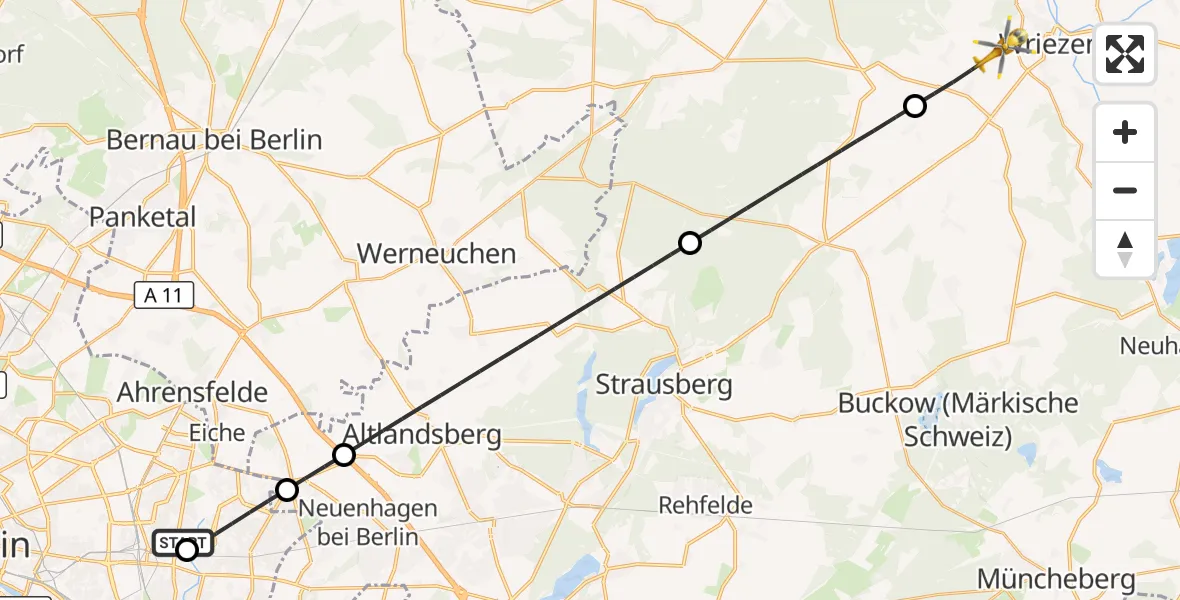 Flugroute Ambulanzhubschrauber Berlin Emergency Hospital - Wriezen, 11 Mai 2026, 11:46